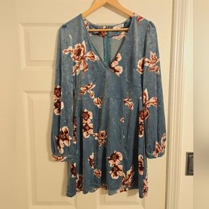Honey Belle blue floral dress deep V neck velour size large SEE DESCRIPTION